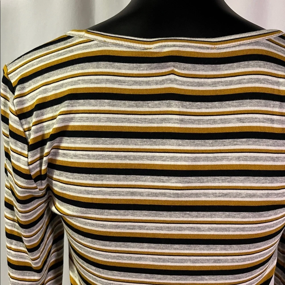 NWT LOFT Mustard Yellow Black & Gray Striped Long Sleeve Round Neck Top